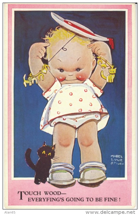 Mabel Lucie Attwell Artist Signed, 'Touch Wood', Child Black Cat Good Luck, C1920s Vintage Postcard - Attwell, M. L.