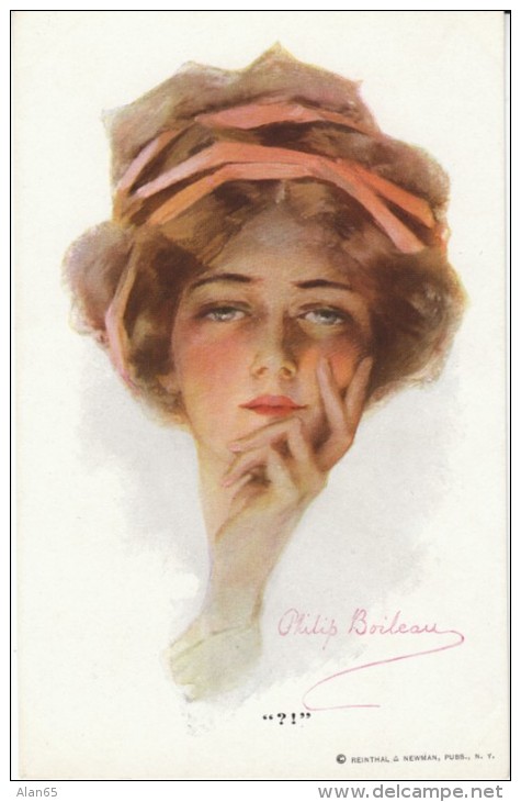Philip Boileau Artist Signed, 'Question' '?!' Beautiful Woman, C1910s Vintage Postcard - Boileau, Philip