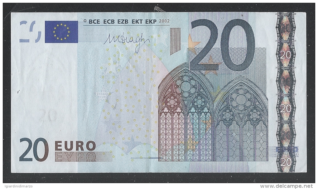 EURO - ITALIA - 2002 - RARA BANCONOTA DA 20 EURO DRAGHI SERIE S (J034A2) - CIRCOLATA - IN BUONE CONDIZIONI. - 20 Euro