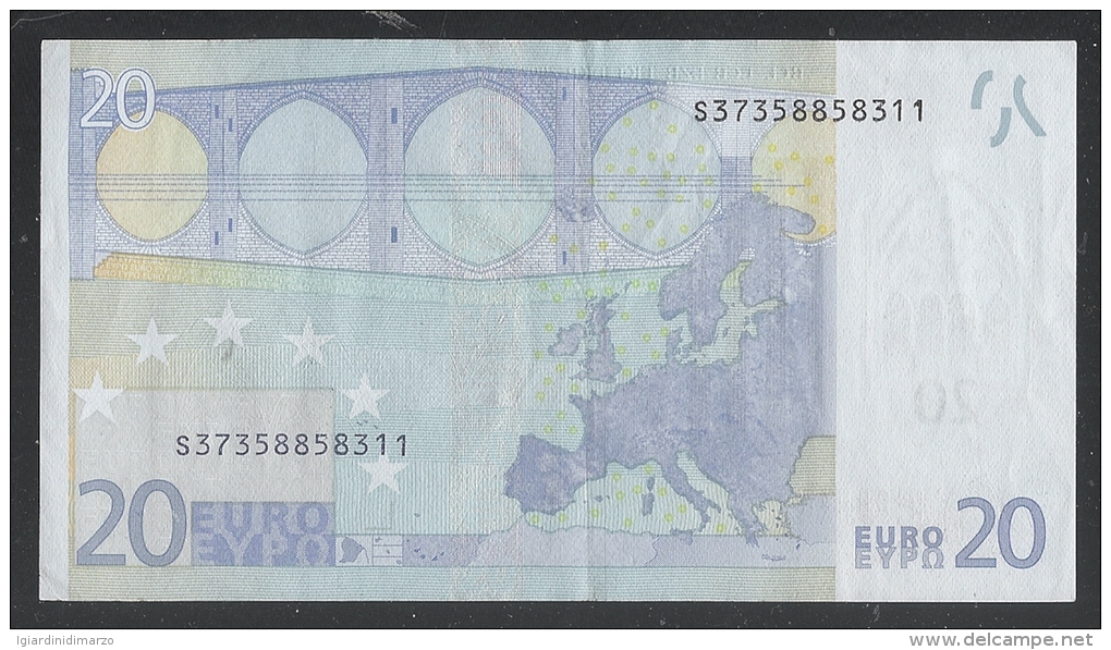 EURO - ITALIA - 2002 - RARA BANCONOTA DA 20 EURO DRAGHI SERIE S (J034A2) - CIRCOLATA - IN BUONE CONDIZIONI. - 20 Euro