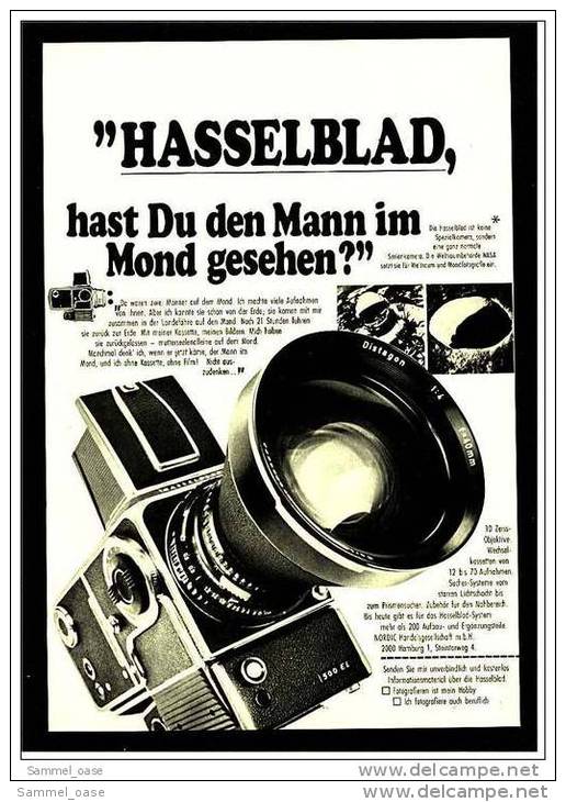 Reklame Werbeanzeige 1970 ,  Hasselblad Filmkamera 500 EL - Camcorder