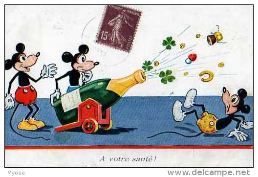 DISNEY , Bouteille De Champagne,souris Mickey, Trefle A 4 Feuilles, Champignon, Fer A Cheval, 1932  A Votre Sante - Other & Unclassified