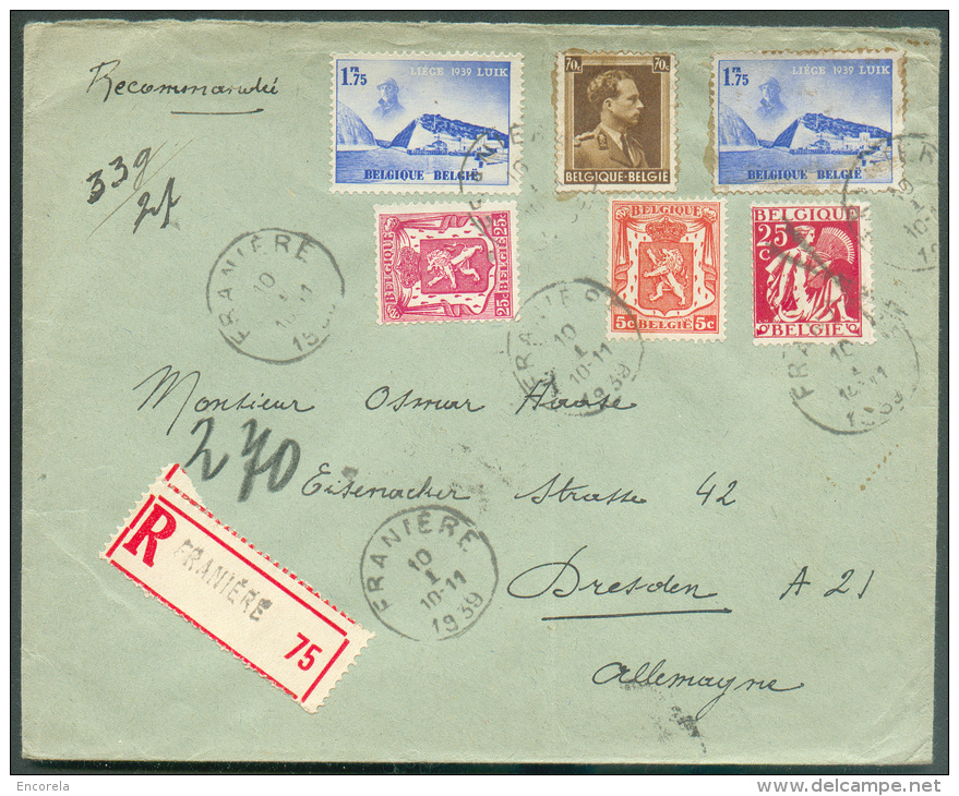 Lettre Recommandée De FRANIERE Le 10-I-1939 Vers Dresden - 9623 - Storia Postale