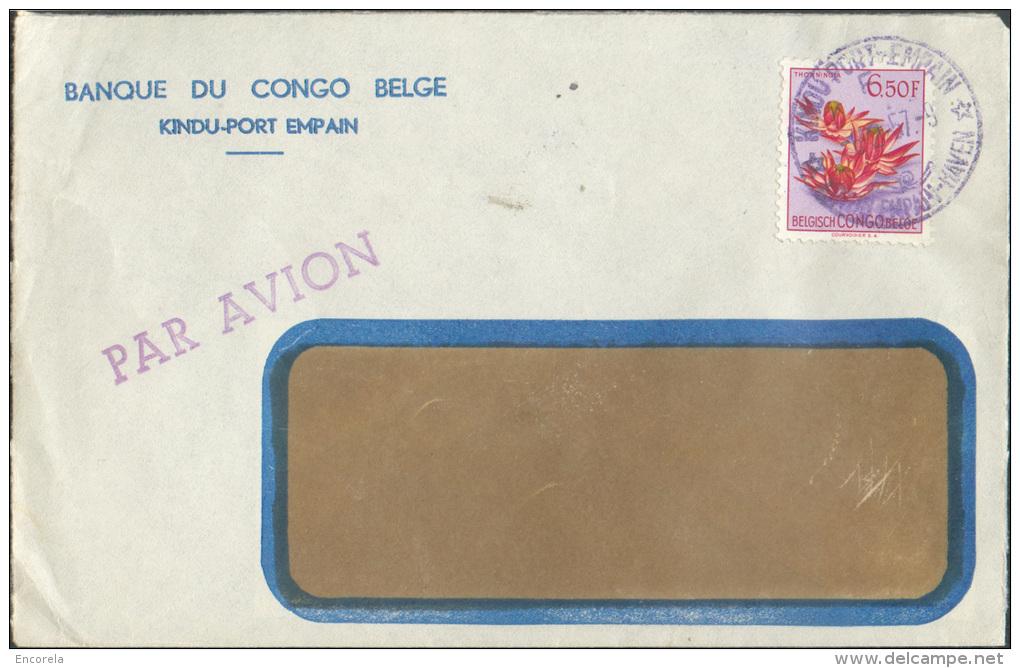 Lettre Par Avion (affranchie 6Fr.50 Fleur) Obl. Sc Bleu KINDU - PORT EMPAIN Le 4-2-1957 Vers Auderghem - 9625 - Briefe U. Dokumente