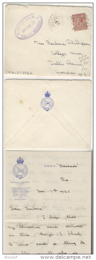 Brazil To GB 1925 Ship Cover Rio De Janeiro Posted On High Seas RMSP Deseado - Covers & Documents