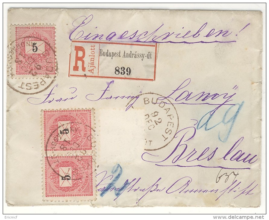 Hungary 1892 Registered Cover To Breslau - Lettres & Documents