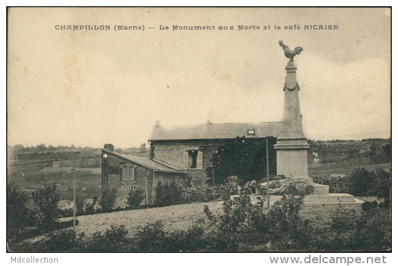 51 CHAMPILLON / Le Monument Aux Morts Et Le Café Nicaise / - Champigny