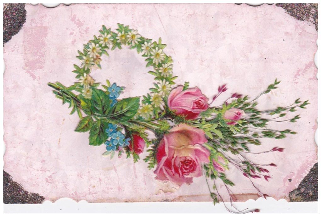 CPA FANTAISIE COLLAGE CHROMO AJOUTIS FLEUR HERBAGE PAILLETTE FOND ROSE - Other & Unclassified