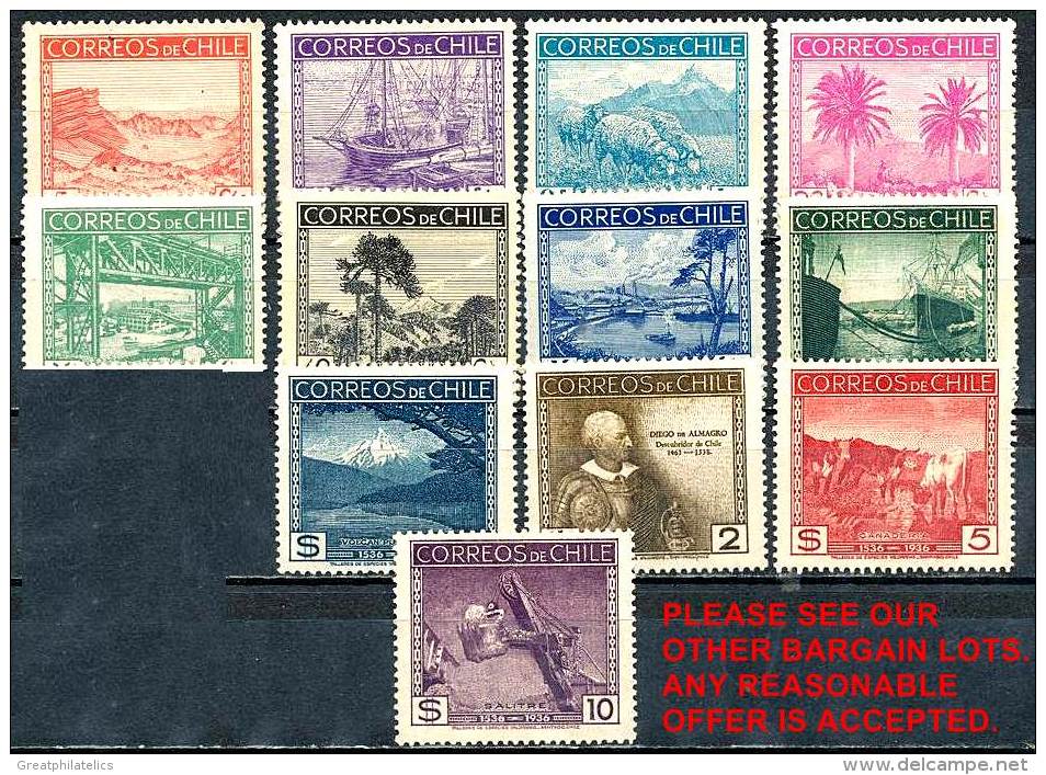 CHILE 1936 400TH ANNIVERSARY OF DISCOVERY OF CHILE BY DIEGO DEL ALMARO SC# 186-197 VF OG H - Chile