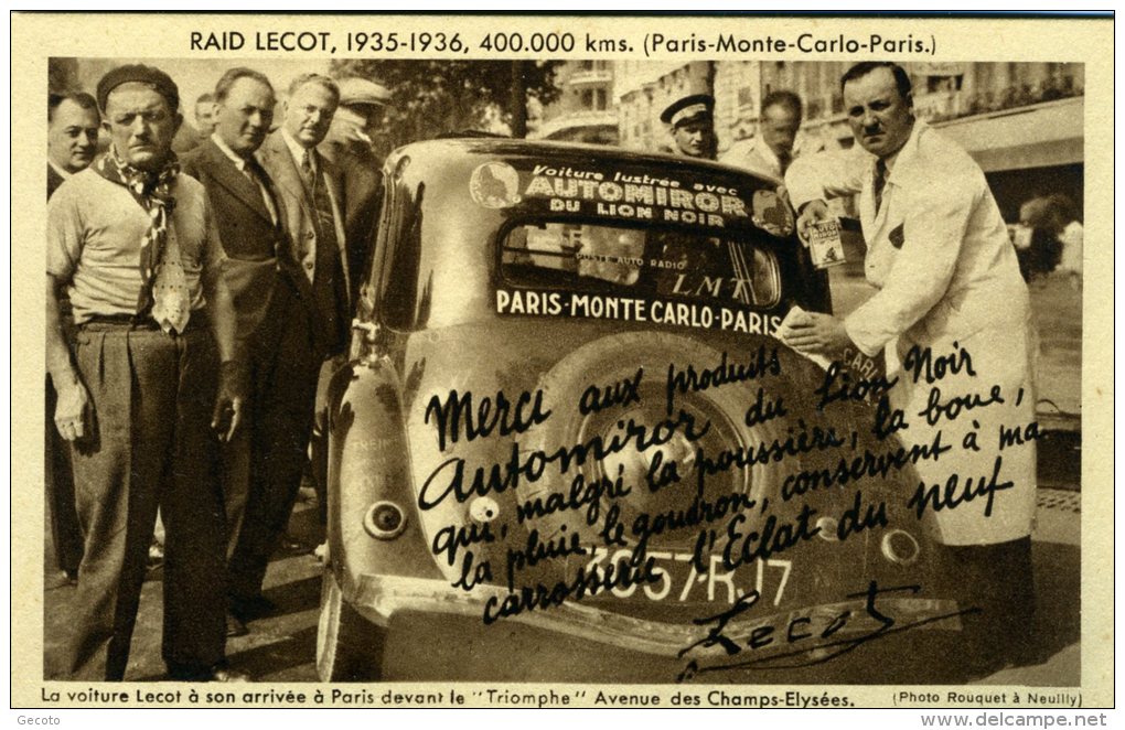 Raid Lecot (paris-monte Carlo - Paris) - La Voiture Lecot Devant " Le Triomphe" Aux Champs élysées 1936 - Rallyes