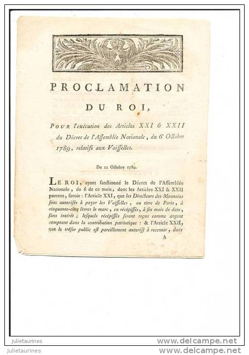PROCLAMATION DU ROI 1789  RELATIFS AUX VAISSELLES ARGENT ET OR - Décrets & Lois