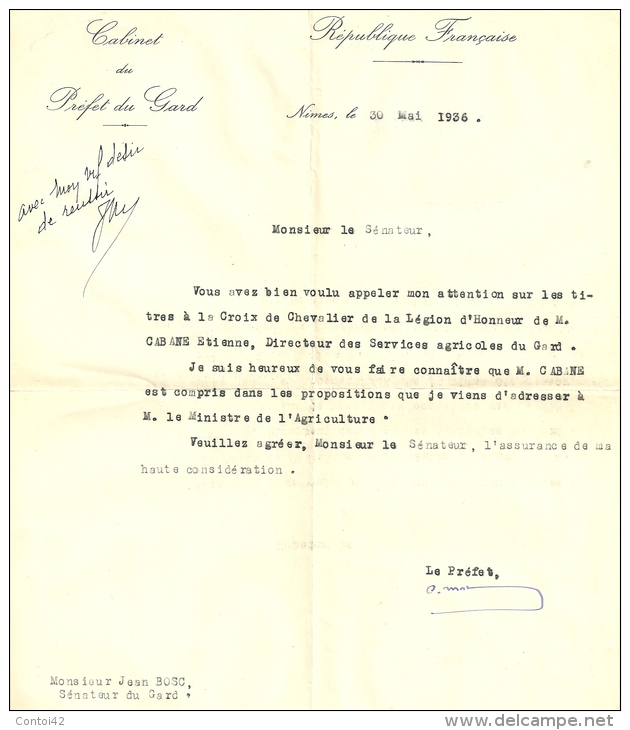 30 GARD NIMES PREFET LETTRE AUTOGRAPHE POLITIQUE - Documents Historiques