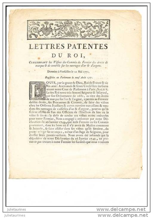 LETTRES PATENTES DU ROI 1771 CONCERNANT DES DROITS DE MARQUE ET CONTROLE SUR LES OUVRAGES OR ET ARGENT - Décrets & Lois