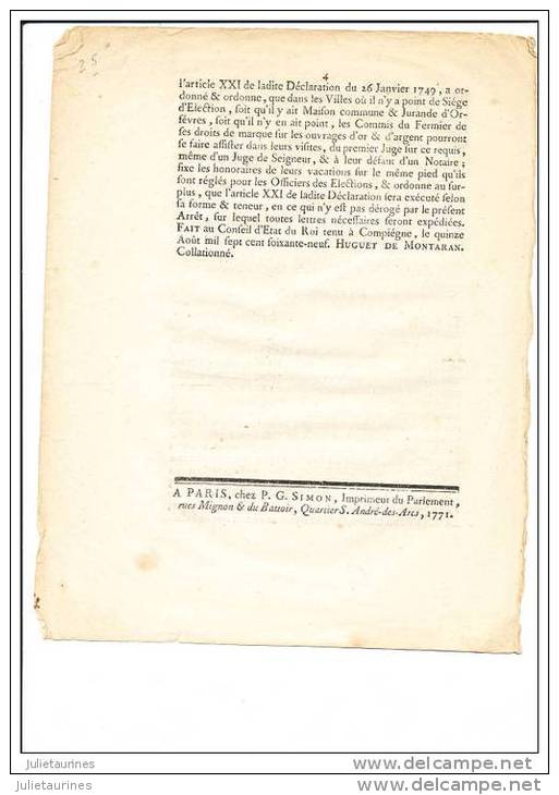 LETTRES PATENTES DU ROI 1771 CONCERNANT DES DROITS DE MARQUE ET CONTROLE SUR LES OUVRAGES OR ET ARGENT - Decreti & Leggi