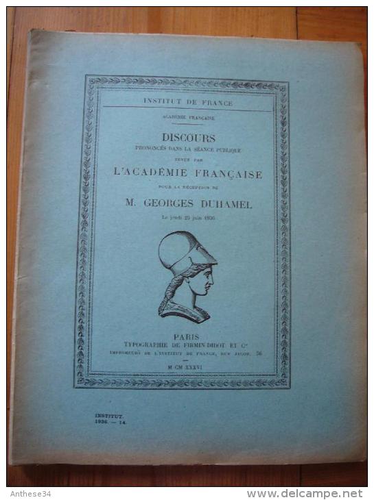 Discours Académie Française Pour Georges Duhamel Publié Par L´Institut De France  1936 , 70 Pages - 1901-1940