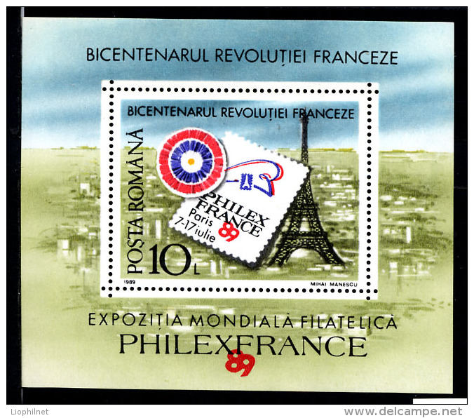 ROUMANIE 1989, BICENTENAIRE REVOLUTION, PHILEXFRANCE, TOUR EIFFEL, 1 Bloc, Neuf / Mint. R228 - French Revolution