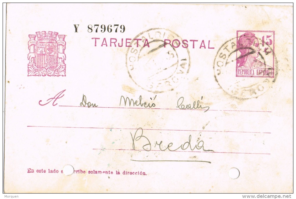 6901. Entero Postal HOSTALRICH (Gerona) 1935. Republica - 1931-....