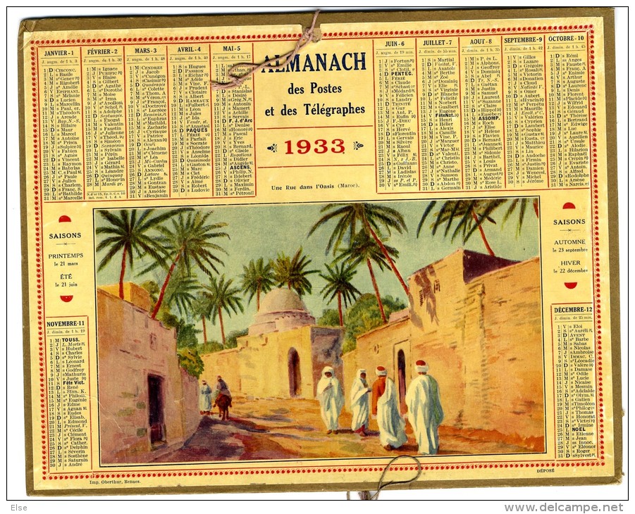 CALENDRIER ORIGINAL 1933    UNE RUE DANS L OASIS  MAROC    -     FEUILLET DPT DORDOGNE - Tamaño Grande : 1921-40