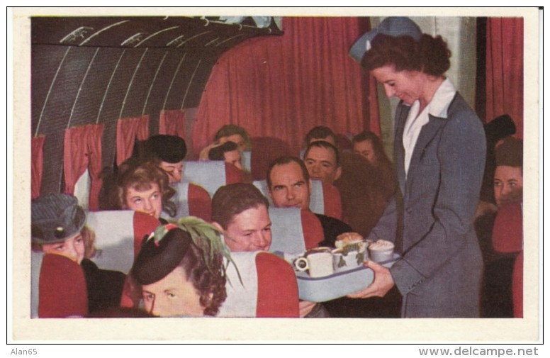 United Airlines Interior View Of Plane, Stewardess Serves Food To Passengers, C1940s/50s Vintage Postcard - 1946-....: Moderne