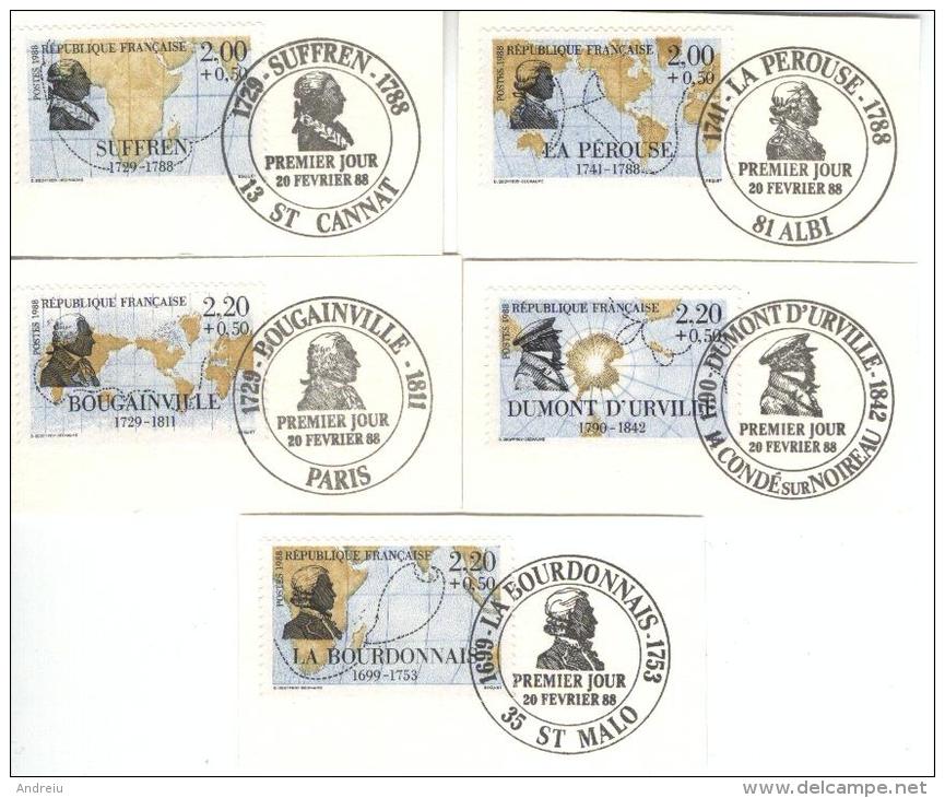 1988 France - Explorers, Ships, La Bourdonnais, Suffren, Bougainville, La Pérouse,D'Urville Yv. 2517/2521 Oblitéré,used - Explorers