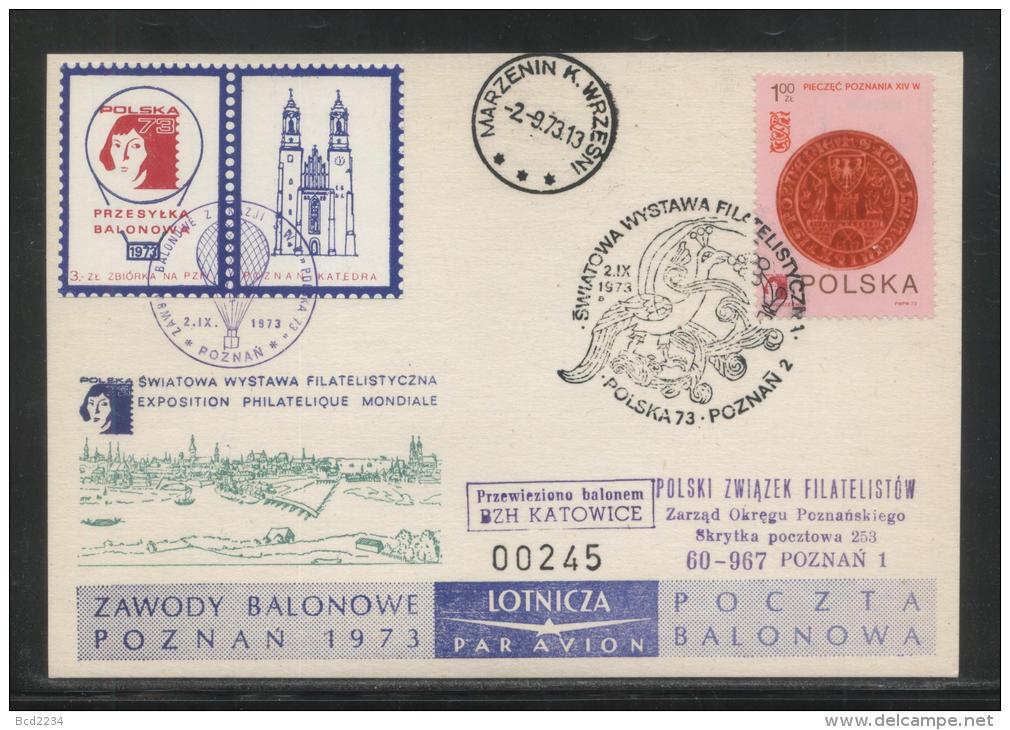 POLAND 1973 BALLOON CHAMPIONSHIPS FLIGHT CARD MARZENIN NEAR WRZESNIA COPERNICUS CINDERELLA LABELS PAIR 1 - Ballons