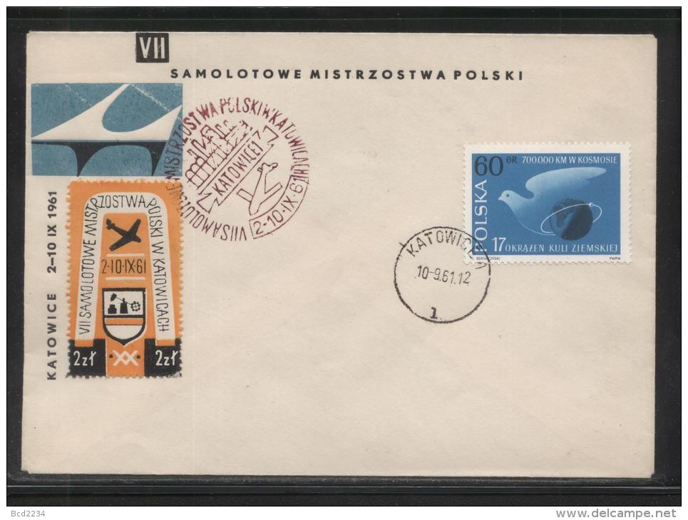 POLAND 1961 VII AIRCRAFT CHAMPIONSHIPS KATOWICE FLOWN COVER RED-VIOLET CANCEL PERF CINDERELLA LABEL AIRPLANE - Airplanes