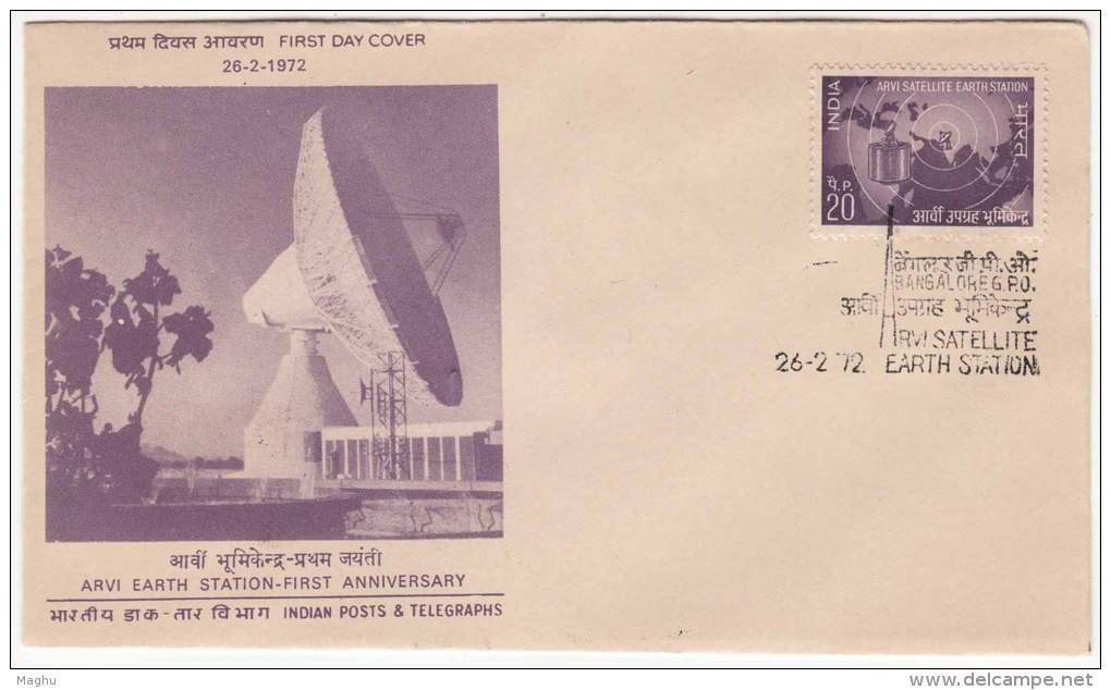 FDC Of  Arvi Satellite Earth Station, Map, Radar, Antenna, Space, Telecom, India 1972 - Asie