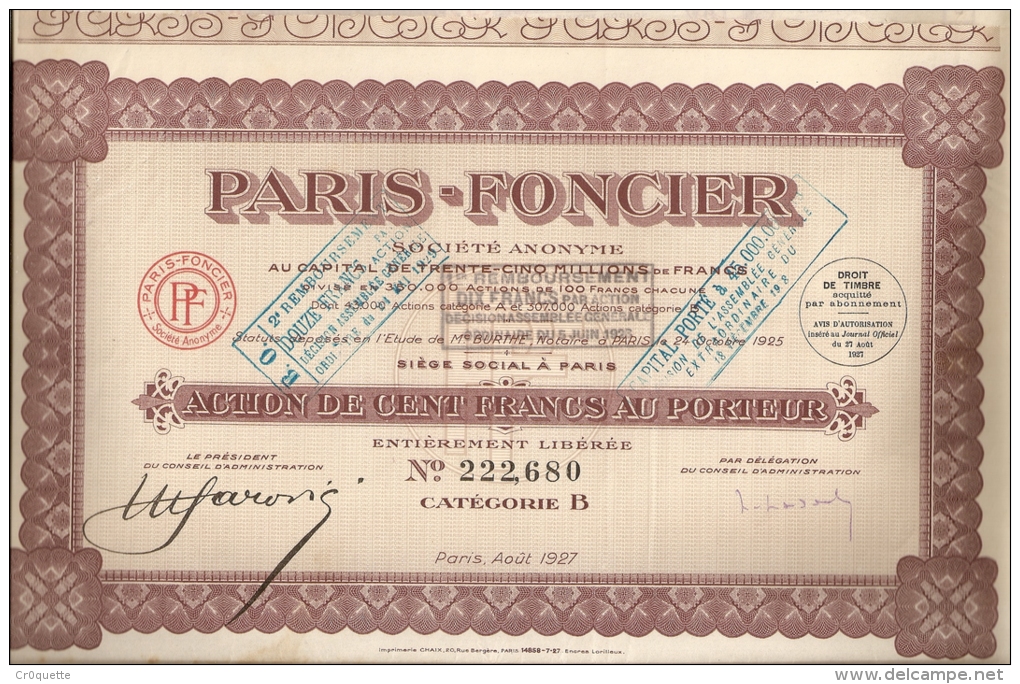 PARIS FONCIER - ACTION DE CENT FRANCS AU PORTEUR - PARIS AOÛT 1927 - P - R