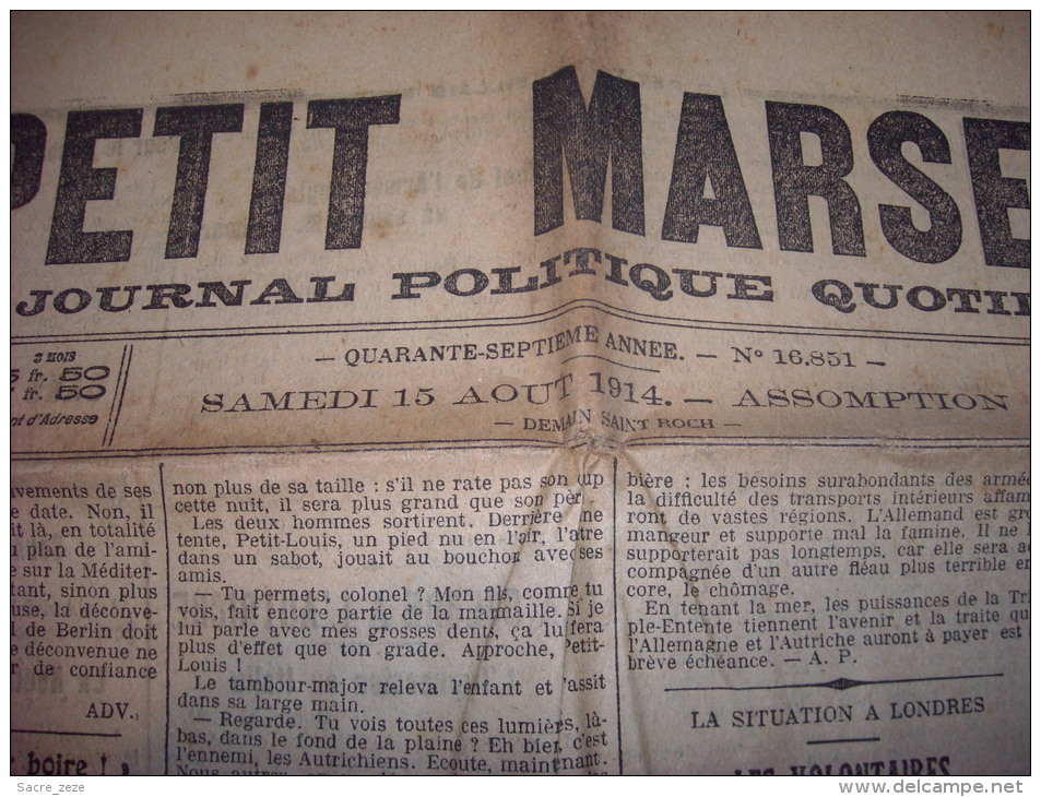 LE PETIT MARSEILLAIS-samedi 15 Août 1914-plans Allemands-quelques Escarmouches - Le Petit Marseillais