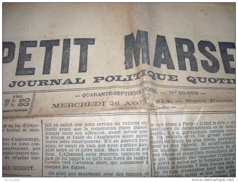 LE PETIT MARSEILLAIS-mercredi 26 Août 1914-la Situation En Belgique Et Sur Nos Frontières - Le Petit Marseillais