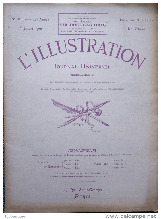 L´ILLUSTRATION N°3828 15 JUIL. 1916 DOUGLAS HAIG  FOCH BATAILLE DE LA SOMME  PÉRONNE AMSTERDAM  AVIATEUR CHAPMAN JUTLAND - Guerre 1914-18