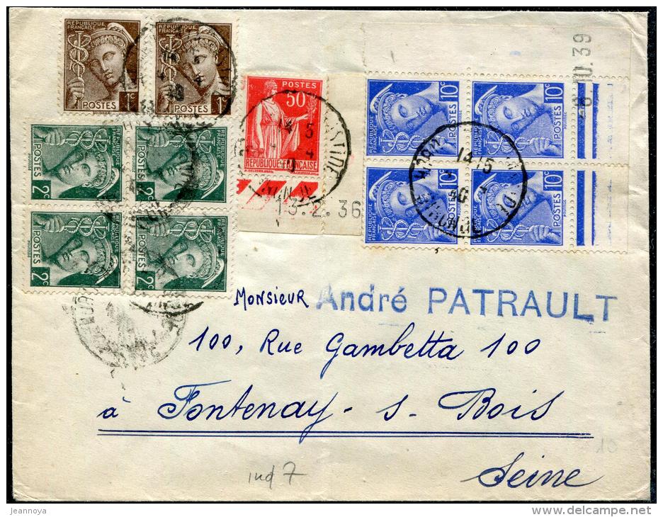 FRANCE - MERCURE - N° 404 (2) + 405 (4) + 407 ( CD DU 8/10/1939 ) + 283, OBL. BORDEAUX LE 4/4/1940, POUR FONTENAY - TB - 1938-42 Mercure