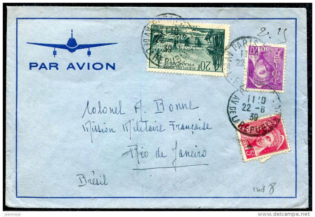 FRANCE - MERCURE - N° 406 + 410 + 394, SUR LETTRE AVION DE PARIS LE 22/8/1939, POUR LE BRESIL  - TB - 1938-42 Mercure