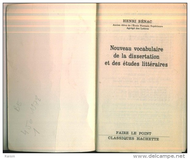 Henri Bénac Nouveau Vocabulaire De La Dissertation Et Des Etudes Littéraires 1972 Faire Le Point Hachette  BE - Über 18