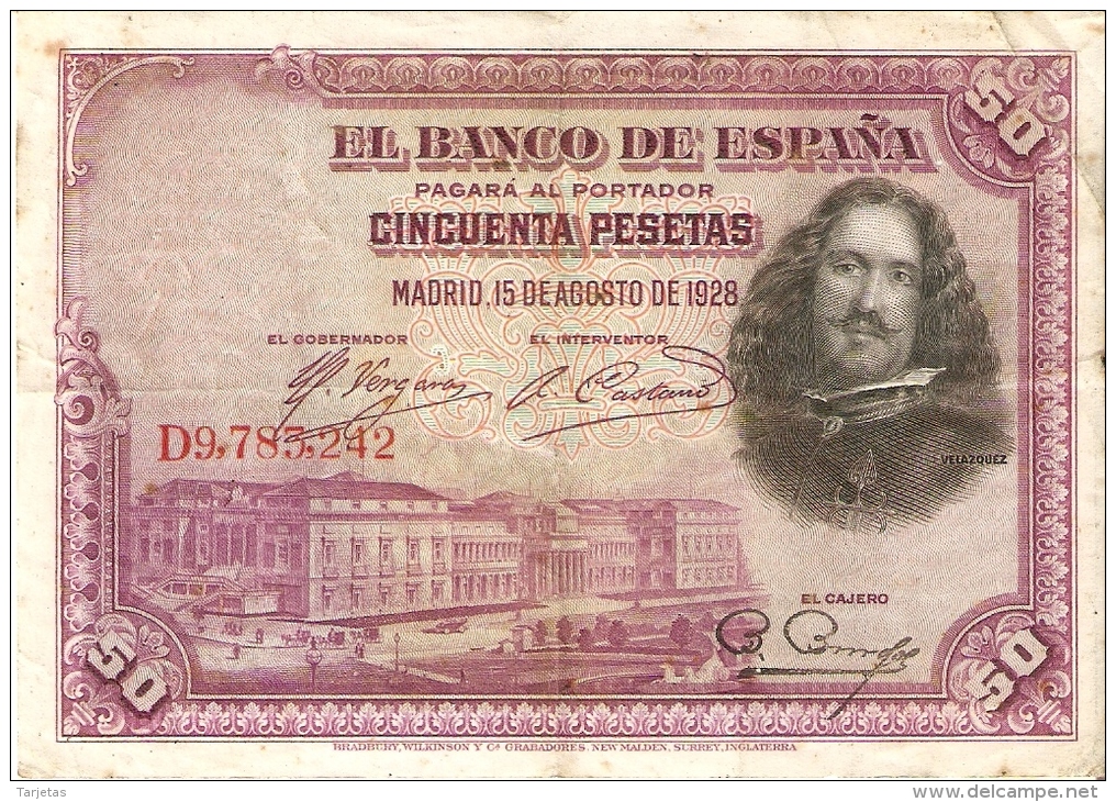 BILLETE DE ESPAÑA DE 50 PTAS DEL AÑO 1928 SERIE D CALIDAD RC (BANKNOTE) - 50 Pesetas