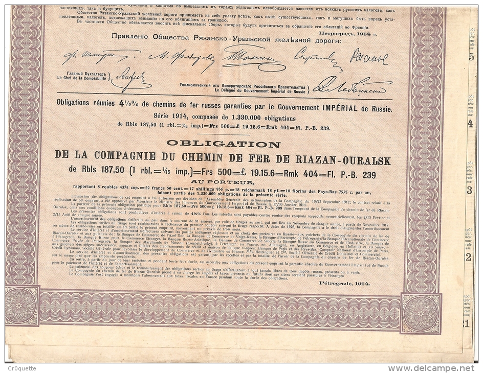 ACTION OBLIGATION DE LA COMPAGNIE DE CHEMIN DEFER DE RIAZAN-OURALSK En 1914 - Chemin De Fer & Tramway