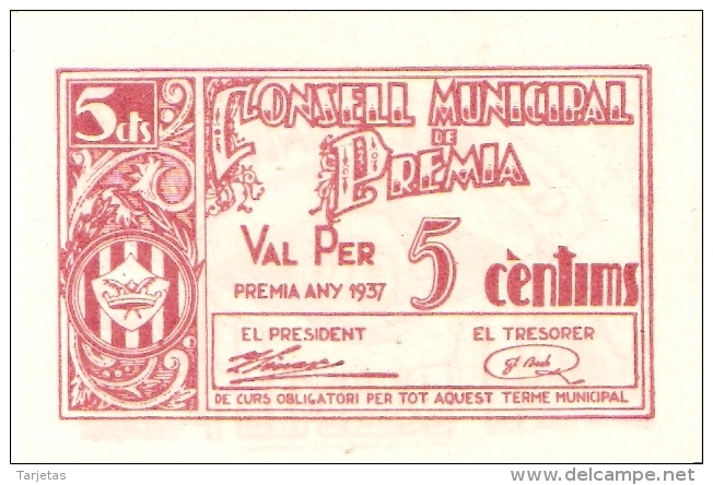 BILLETE DE 5 CTS DEL AJUNTAMENT DE PREMIA DE MAR DEL AÑO 1937  (BANKNOTE) SIN CIRCULAR-UNCIRCULATED - Altri & Non Classificati