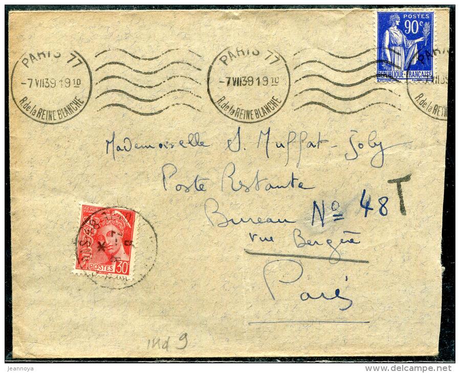 FRANCE - MERCURE - N° 412, SERVANT DE TAXE DE POSTE RESTANTE, SUR LETTRE DE PARIS POUR PARIS LE 8/7/1939 - TB - 1938-42 Mercure