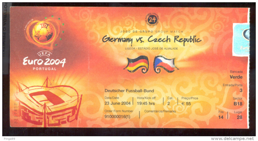 Football GERMANY Vs CZECH REPUBLIC  Ticket  23.06.2004. UEFA EURO 2004. Portugal - Tickets & Toegangskaarten