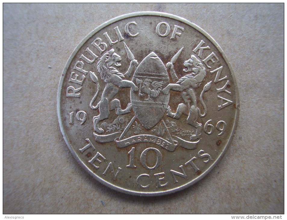 KENYA 1969 TEN CENTS   KENYATTA Nickel-Brass  USED COIN In GOOD CONDITION. - Kenya