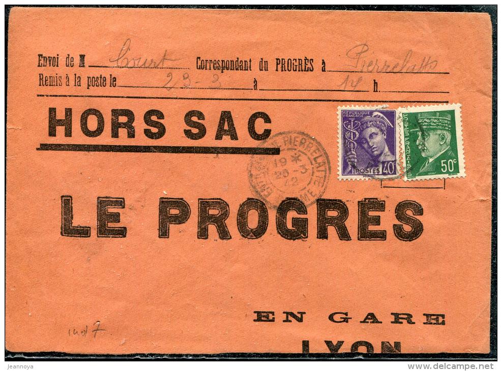 FRANCE - MERCURE - N° 413 + 508, SUR HORS SAC OBL. ENTREPOT DE PIERRELATTE LE 23/3/1942, POUR LYON  - TB - 1938-42 Mercure