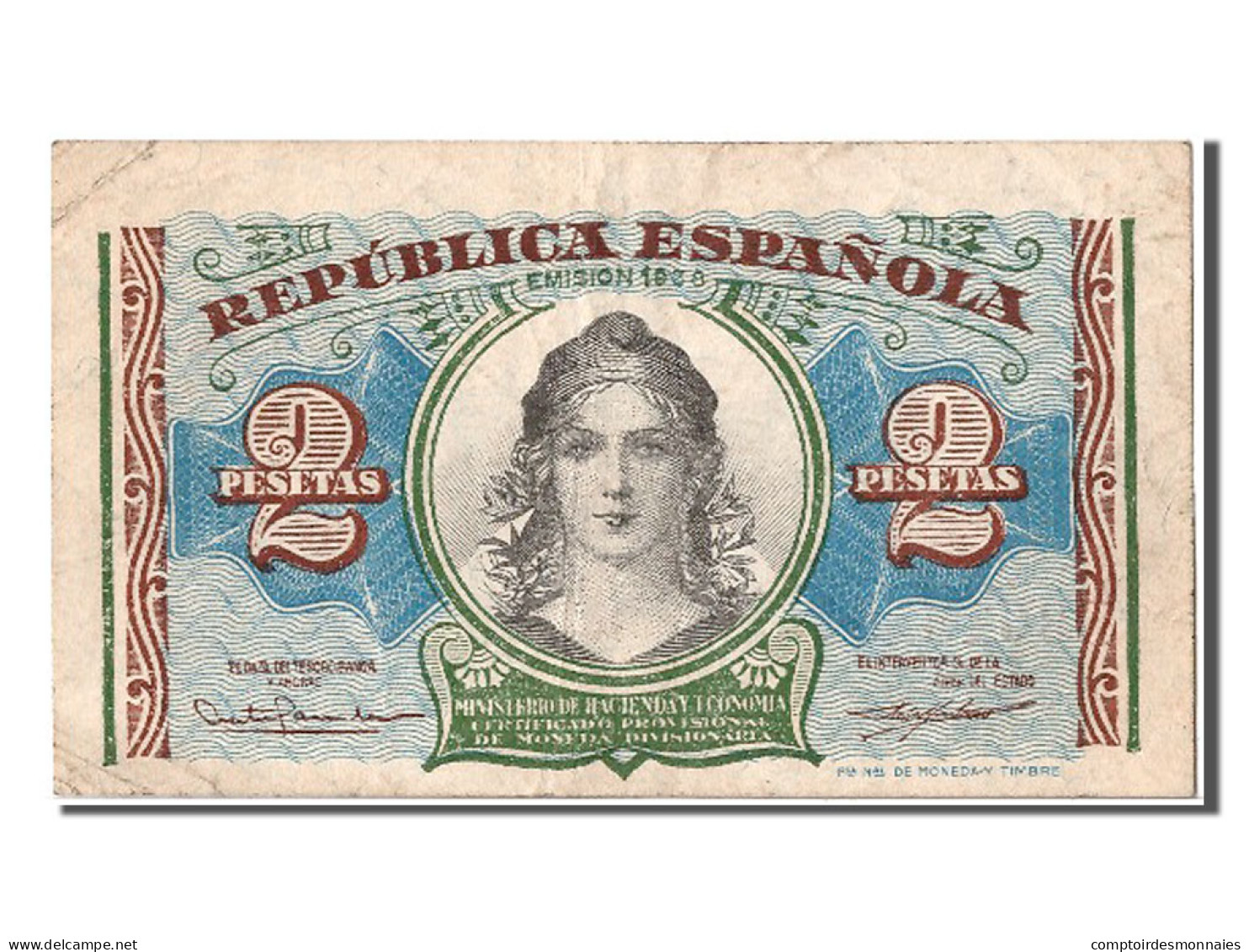 Billet, Espagne, 2 Pesetas, 1938, TTB - 1-2 Pesetas
