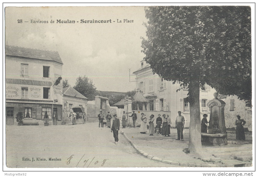 (95) SERAINCOURT Environs De Meulan LA PLACE 1908. Attelage Cheval. Commerce Tabac Auberge Restaurant. Belle Animation. - Seraincourt