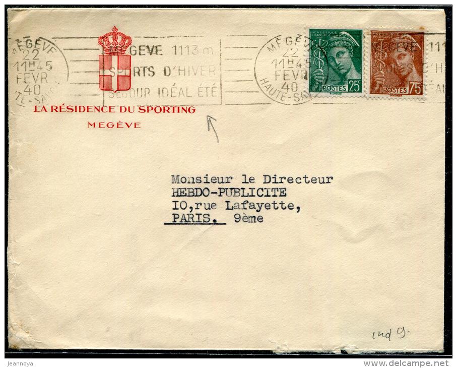 FRANCE - MERCURE - N° 411 + 416A / LETTRE O.M. DE MEGEVE LE 22/2/1940, POUR PARIS  - TB - 1938-42 Mercure