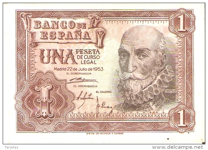 BILLETE DE 1 PTA DEL 22/07/1953 SERIE S SIN CIRCULAR-UNCIRCULATED  (BANKNOTE) COLOR ROJIZO - 1-2 Pesetas