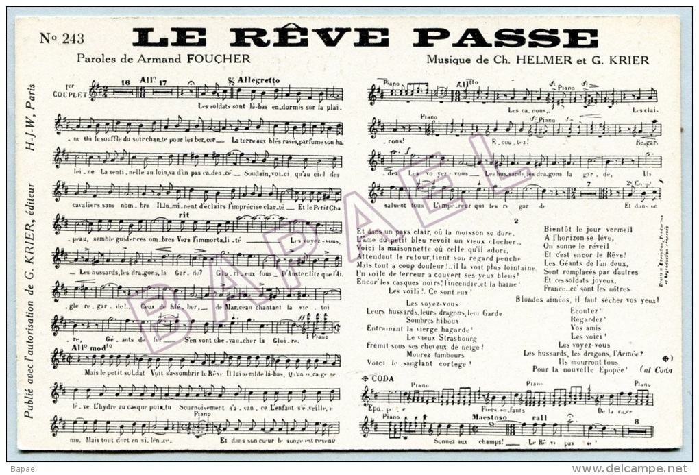 Partition Musicale Sur Carte Postale - Le Rêve Passe (Paroles ''Armand Foucher'') (Recto-Verso) - Musique