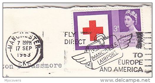 1963 COVER Manchester K SLOGAN Pmk´ FLY DIRECT TO EUROPE AND AMERICA MANCHESTER AIRPORT´  Red Cross Stamps Aviation - Airplanes