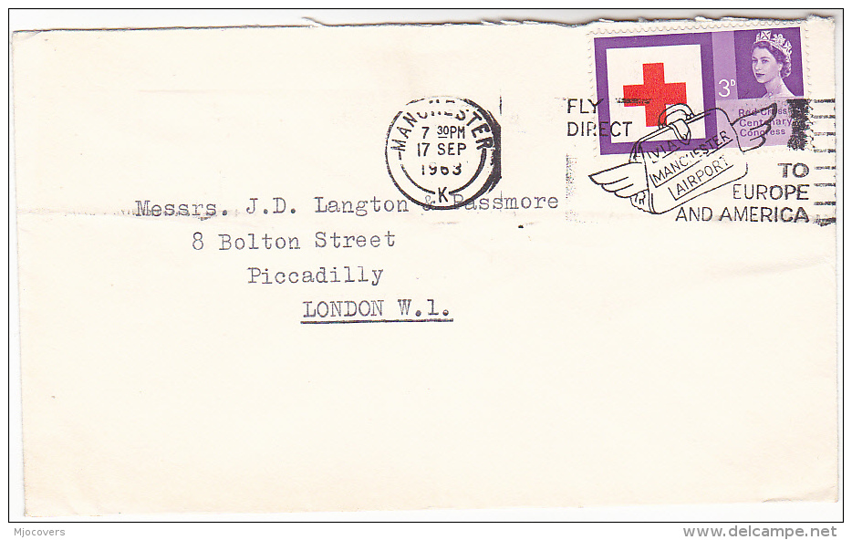 1963 COVER Manchester K SLOGAN Pmk´ FLY DIRECT TO EUROPE AND AMERICA MANCHESTER AIRPORT´  Red Cross Stamps Aviation - Airplanes