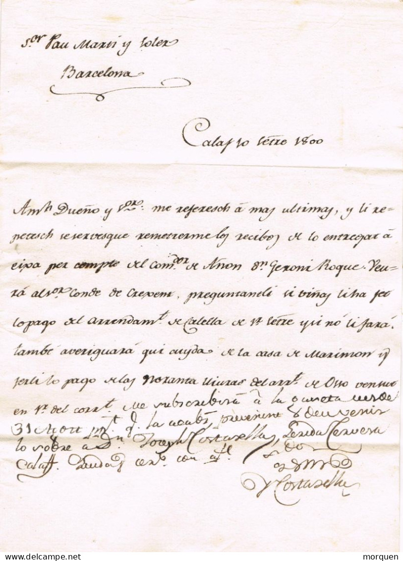 6912. Carta Entera Pre Filatelica CALAF (Barcelona) 1800. RARA - ...-1850 Préphilatélie