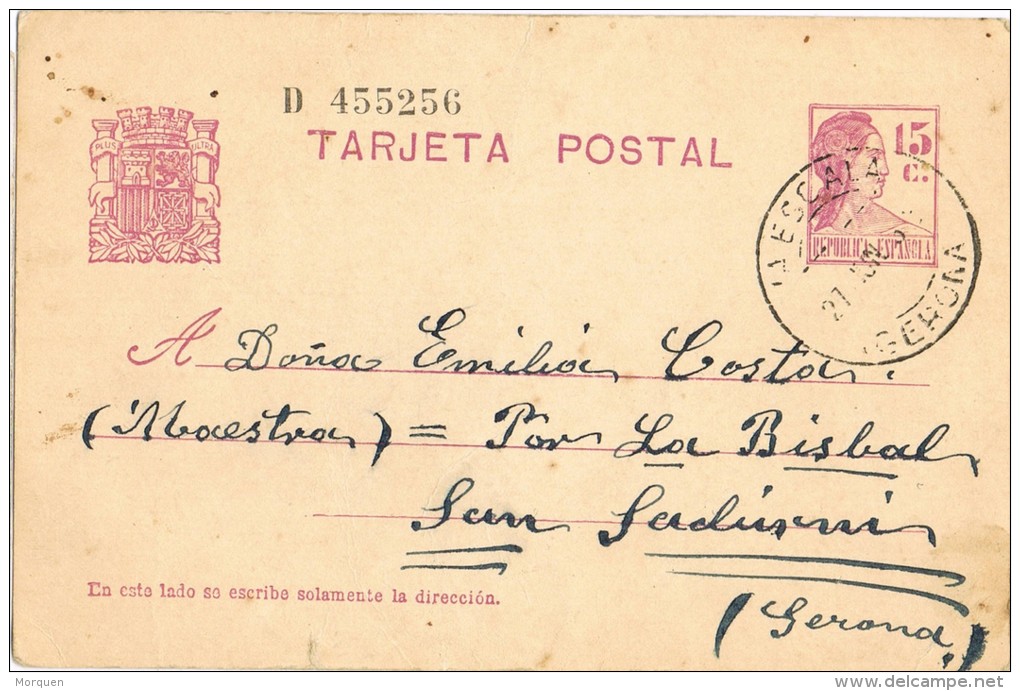 6913. Entero Postal LA ESCALA (gerona) 1933. Republica - 1850-1931